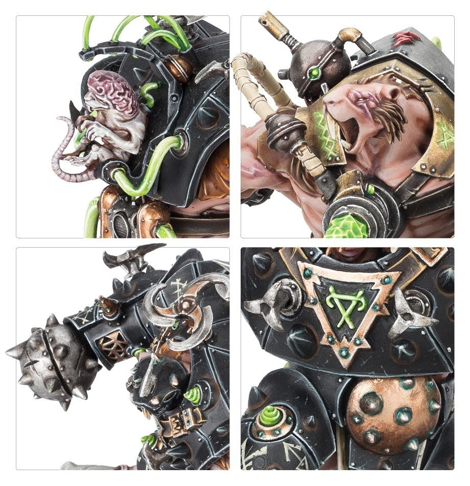 Close-ups of Skaven Stormfiends heads, spiked fist and warpstone armour plate