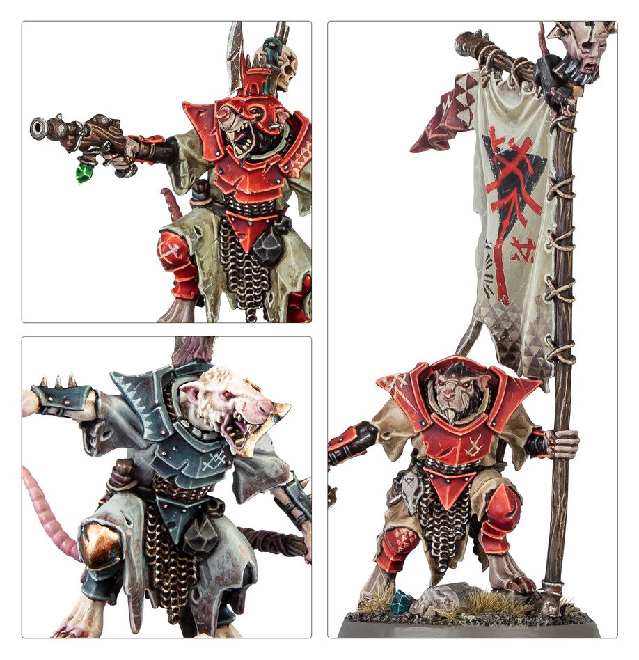 Close-ups of painted Skaven Stormvermin: a ratman with pistol, a helmeted clanrat and the banner bearer