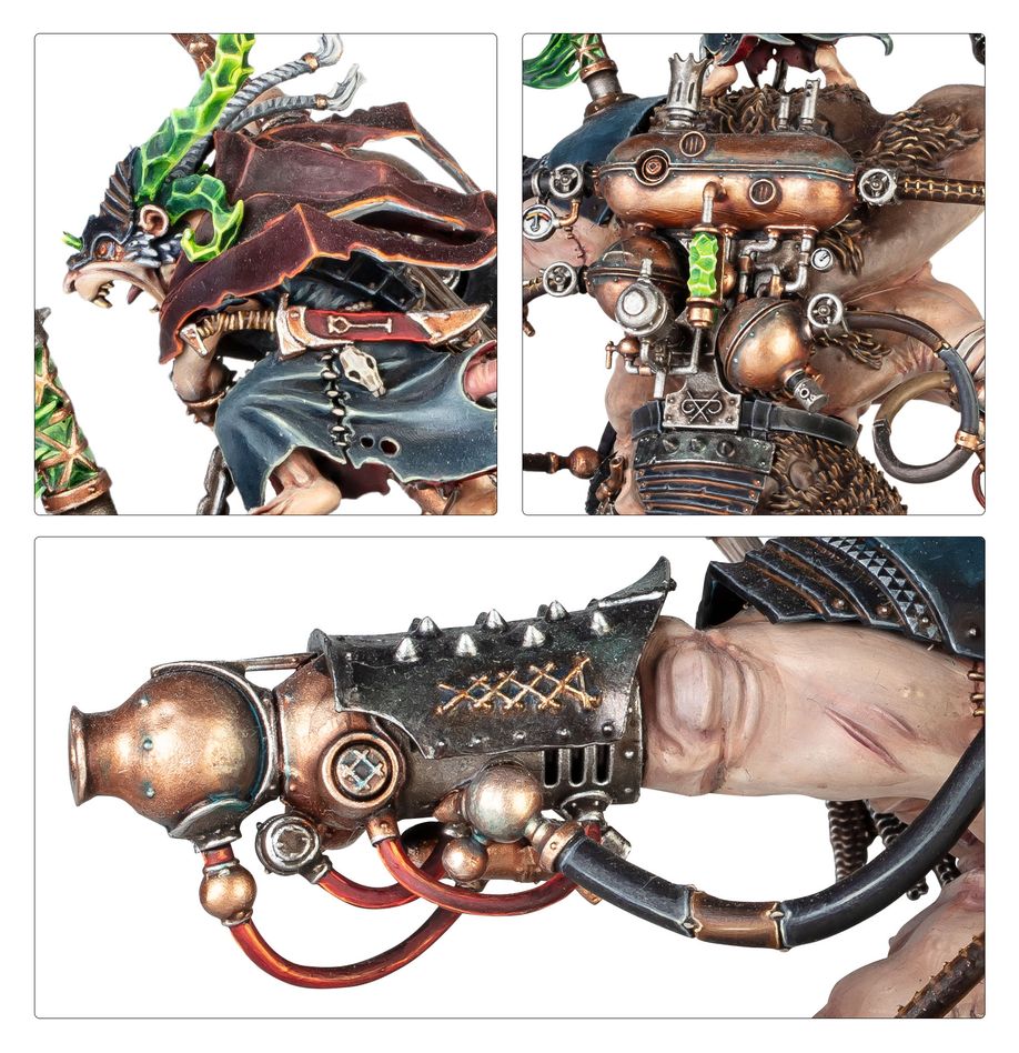 Boneripper detail shots of Thanquol's robes, warpstone machinery and brass warpfire projector arm