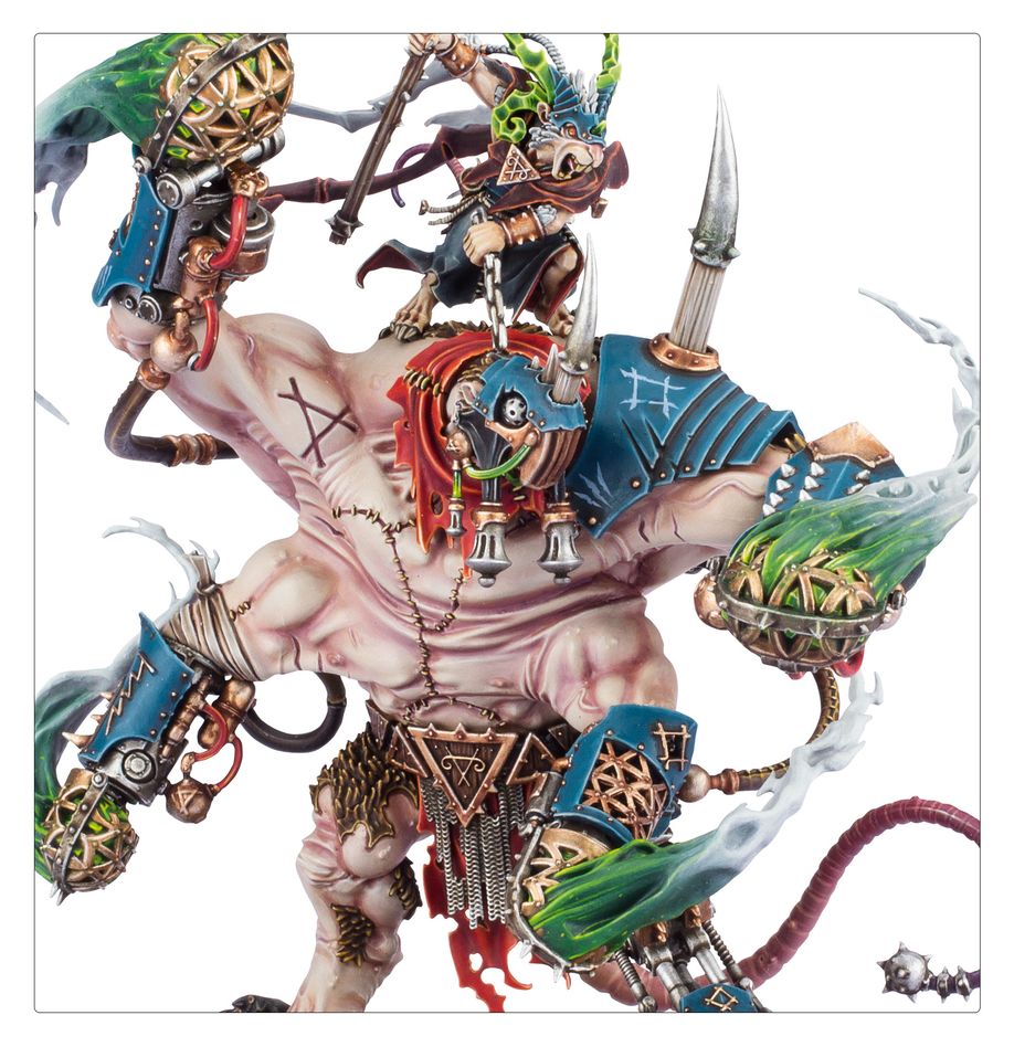 Thanquol on Boneripper close-up of the Grey Seer atop the mount's scarred, muscular torso