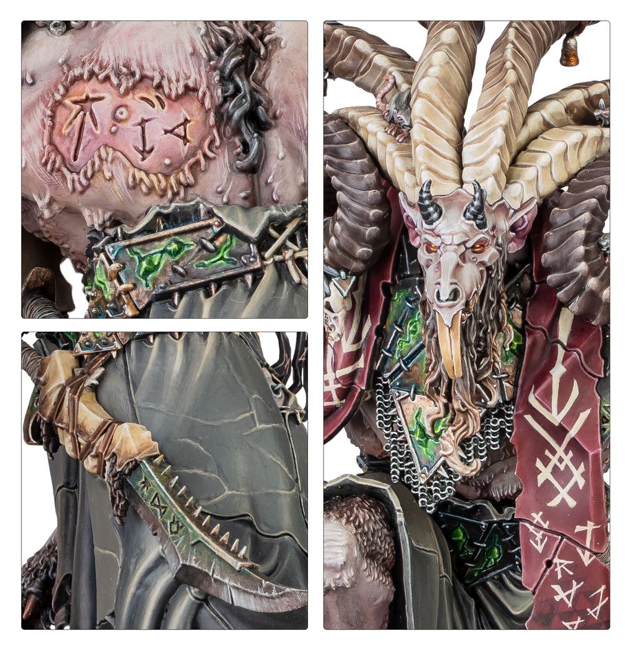 Close-ups of Vizzik Skour's horned head, rune-marked robes, chains and blade