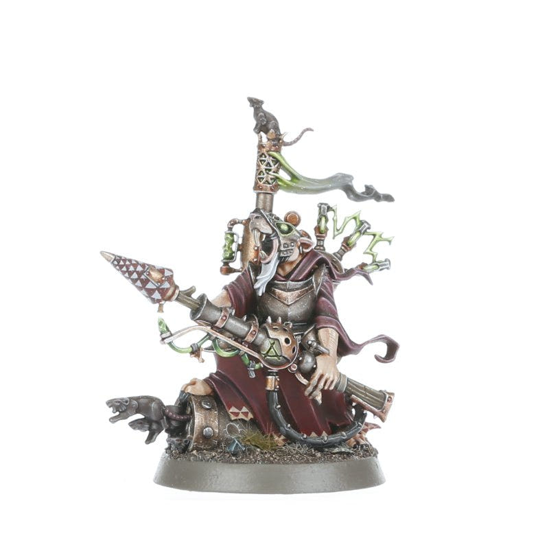Painted Skaven Warlock Bombardier from a three-quarter angle with warp-power backpack