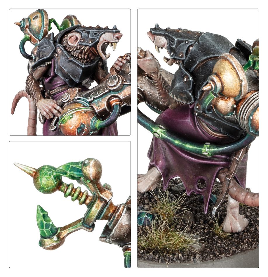 Close-ups of the painted Warlock Galvaneer: face, warpvolt obliterator tip and armoured back