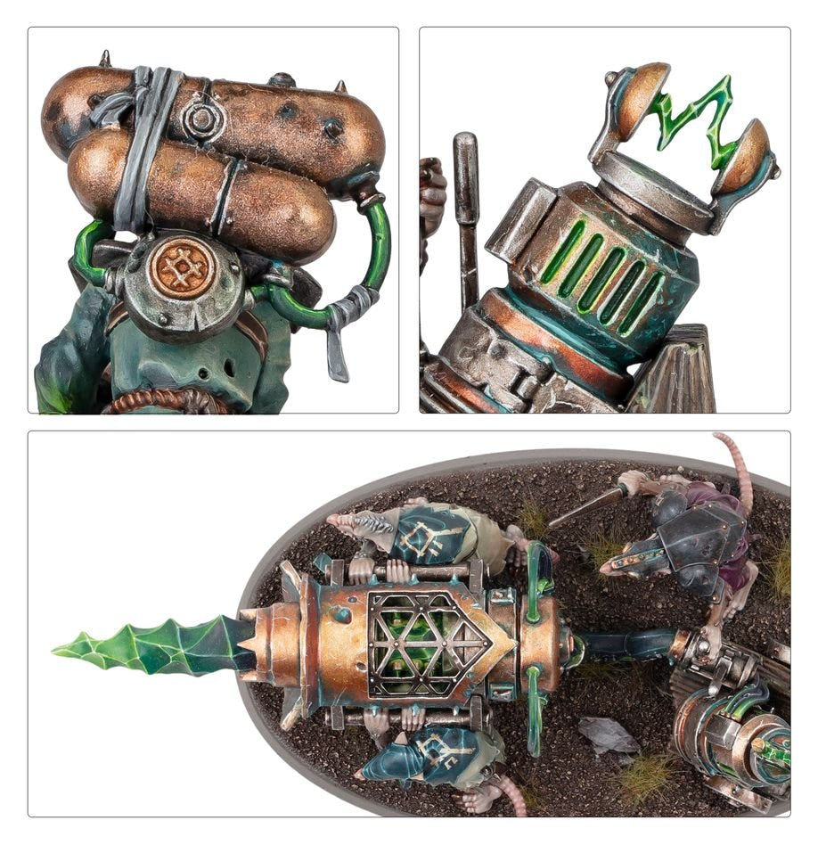 Close-ups of the painted Skaven Warp-Grinder's copper tanks, warpstone drill and crew from above