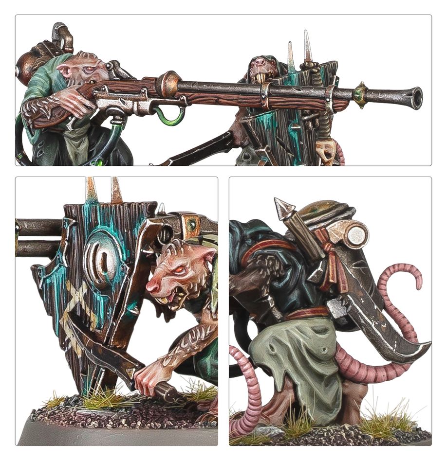 Close-up panels of painted Warplock Jezzail gunner, rifle and spiked pavise shield