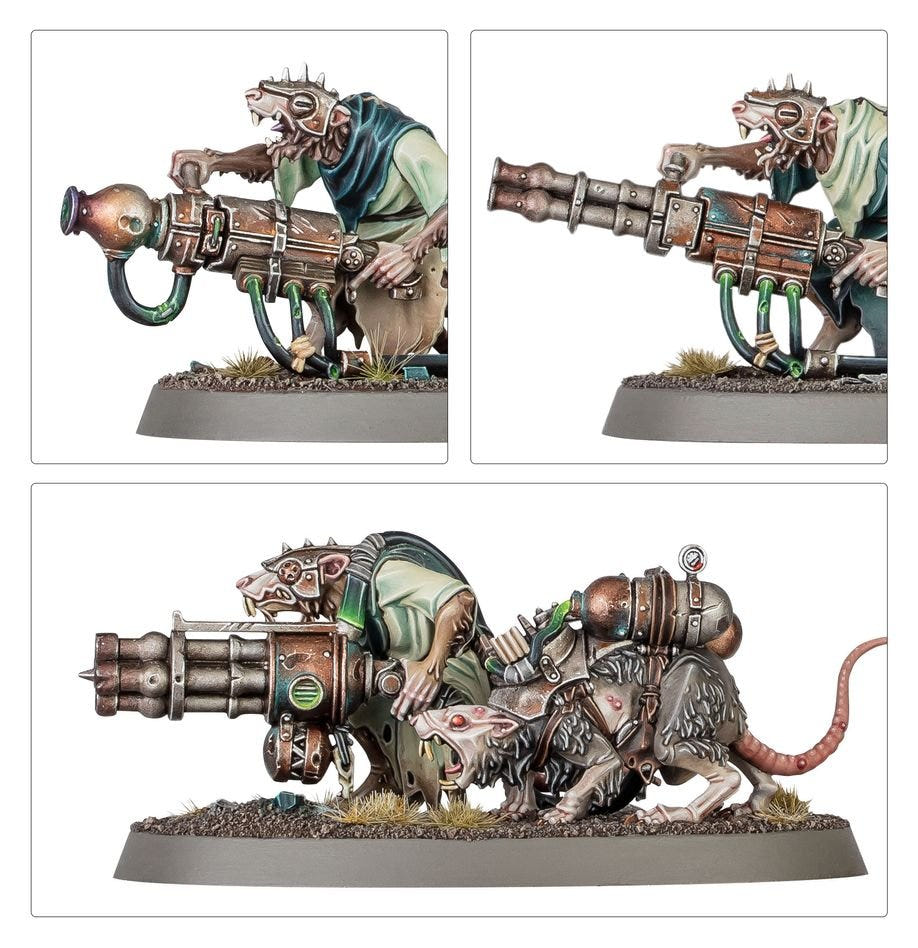Close-ups of a painted Skaven Ratling Gun team from the Warpspark Weapon Battery