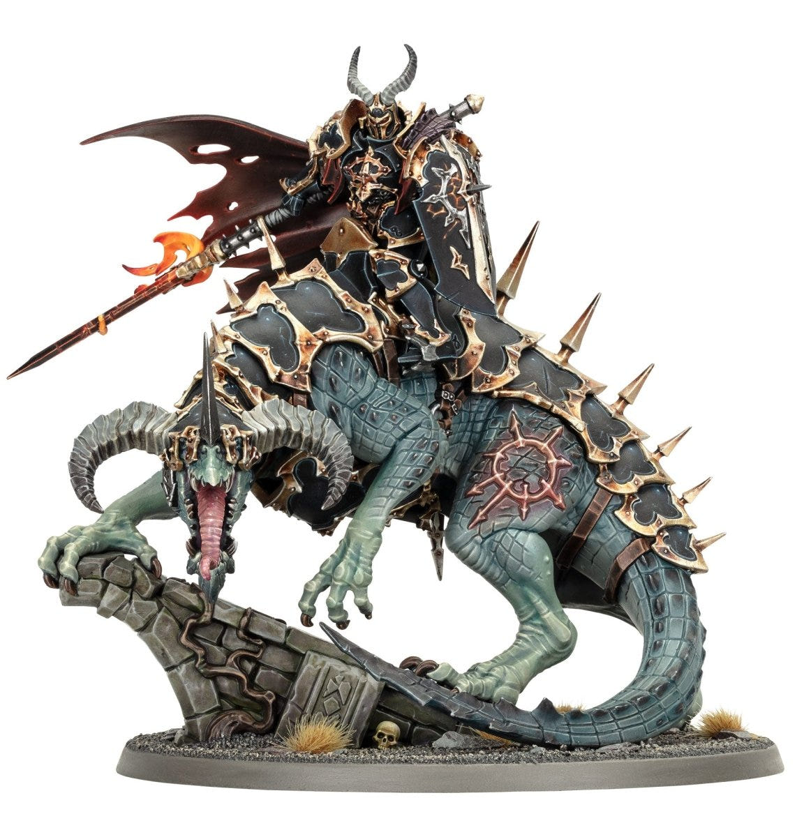 Painted Abraxia, Spear of the Everchosen riding the Thanatorg over ruins, Slaves to Darkness