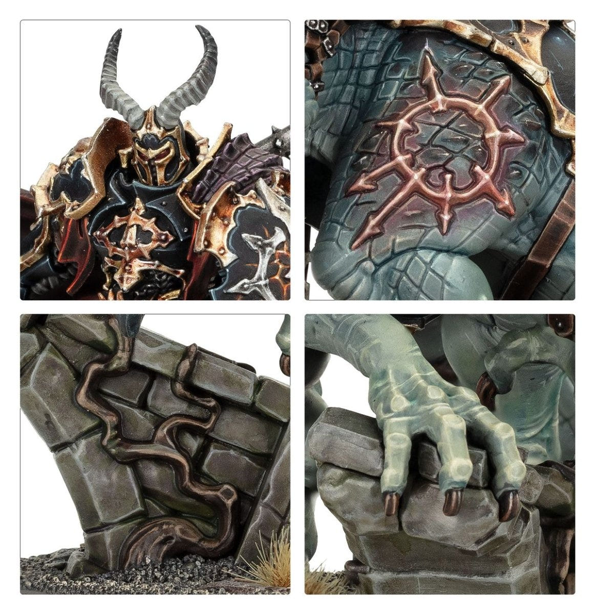 Close-ups of Abraxia's horned helm, Chaos star armour and Thanatorg claws on rubble