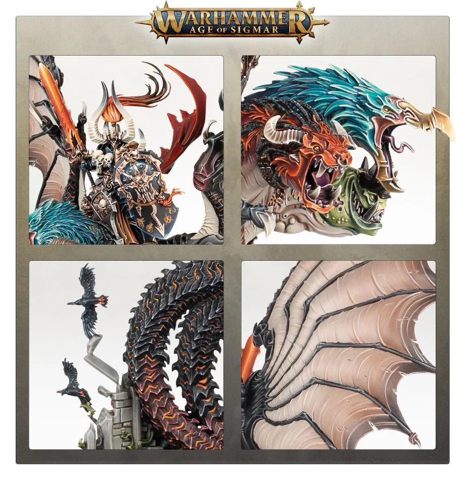 Close-up panels of Archaon, Dorghar's snarling heads, serpentine tail and wing membranes
