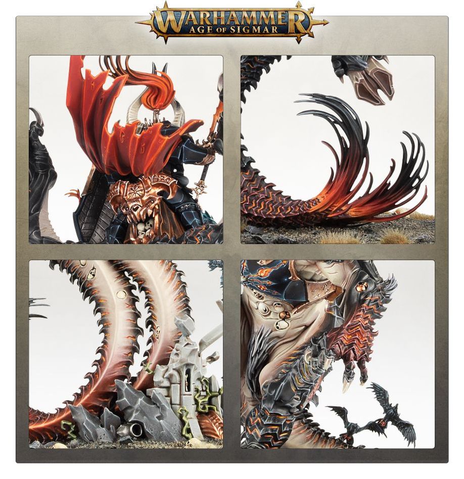Close-up panels of Archaon's cloak, Dorghar's spiked tail and trapped Stormcast souls