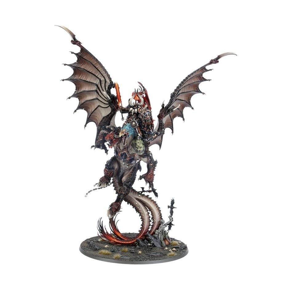 Painted Archaon the Everchosen on Dorghar with wings spread, three-quarter view on 160mm base