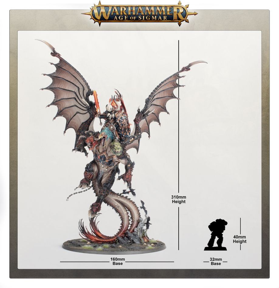 Archaon the Everchosen size guide: 310mm tall on a 160mm base beside a 40mm reference figure