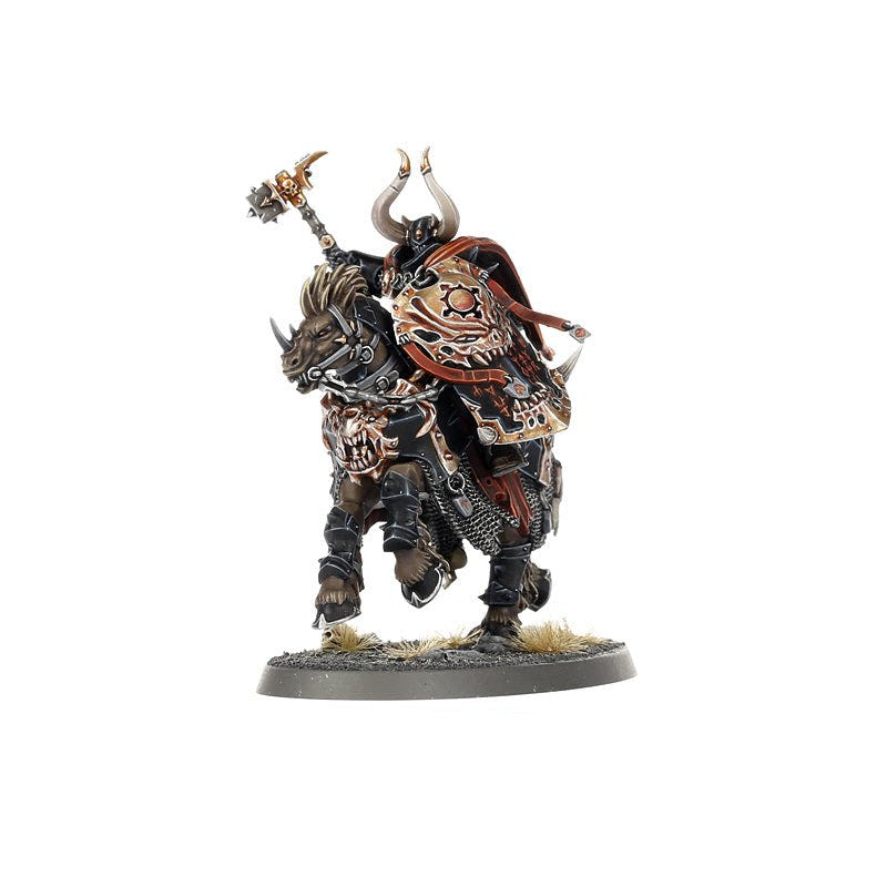 Painted Chaos Knight champion with flail and horned helm on an armoured steed