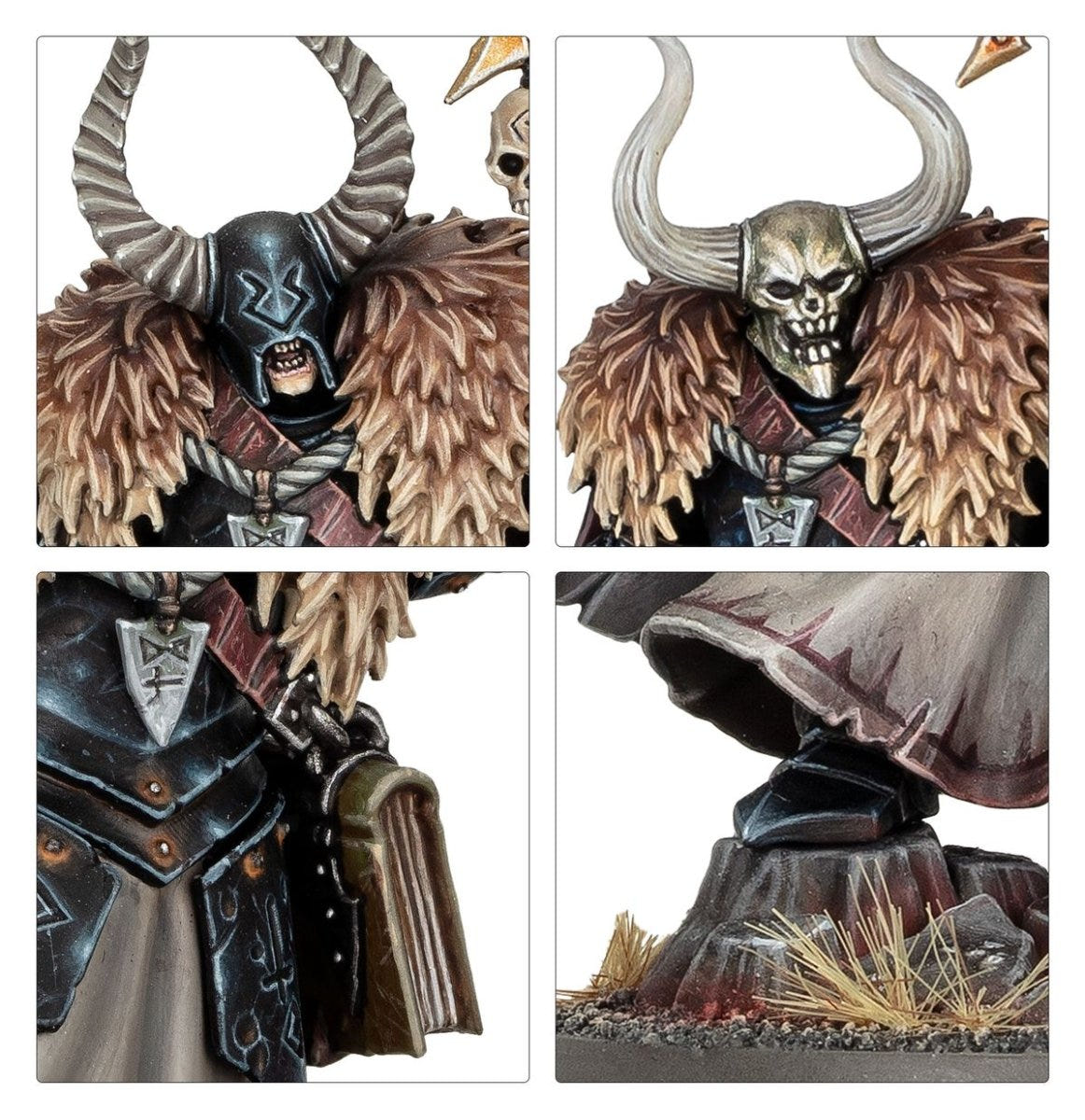 Close-ups of the Chaos Sorcerer Lord's two head options, fur cloak, book and base detail