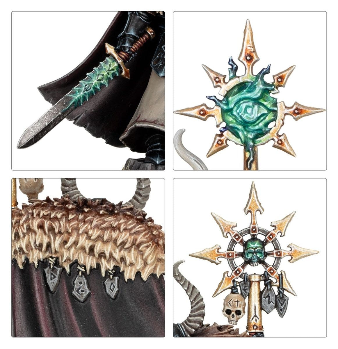 Chaos Sorcerer Lord detail shots of the glowing runeblade and the two alternative staff toppers