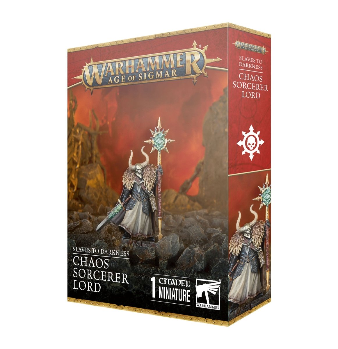 Warhammer Age of Sigmar Slaves to Darkness Chaos Sorcerer Lord box with painted miniature on front