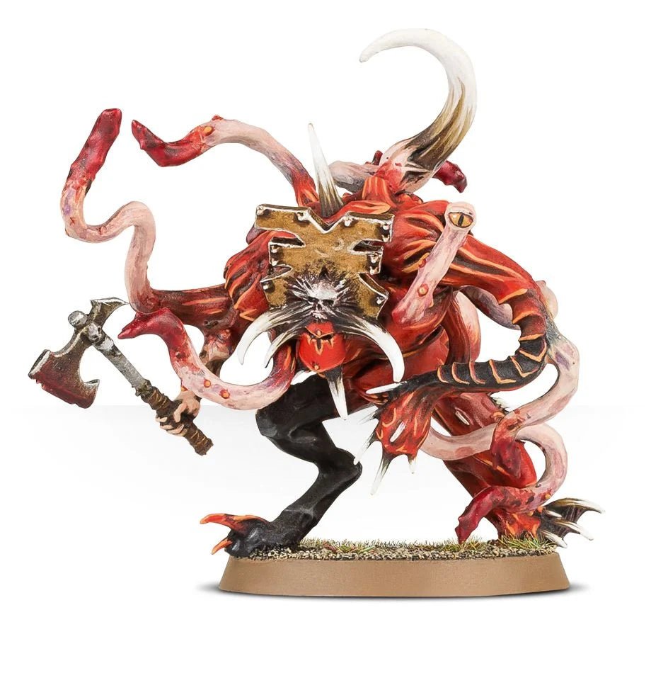 Painted red Chaos Spawn with an axe arm, pink tentacles and a book-like face plate