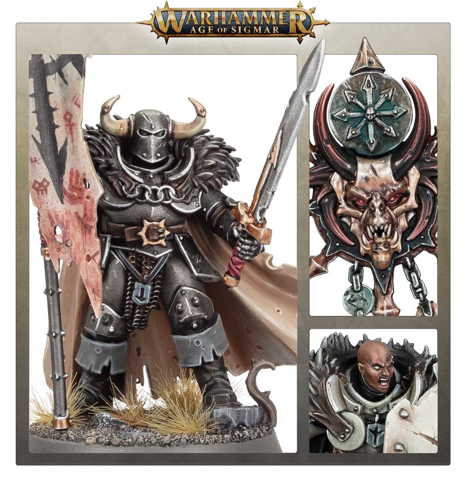 Close-ups of painted Chaos Warrior with sword and banner, Chaos star shield and bare head