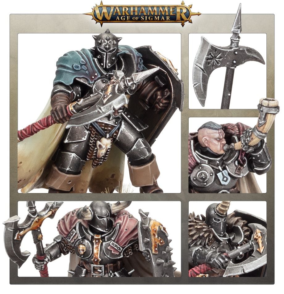 Close-ups of painted Chaos Warrior with halberd, axe head, bare-headed warrior and horned helm