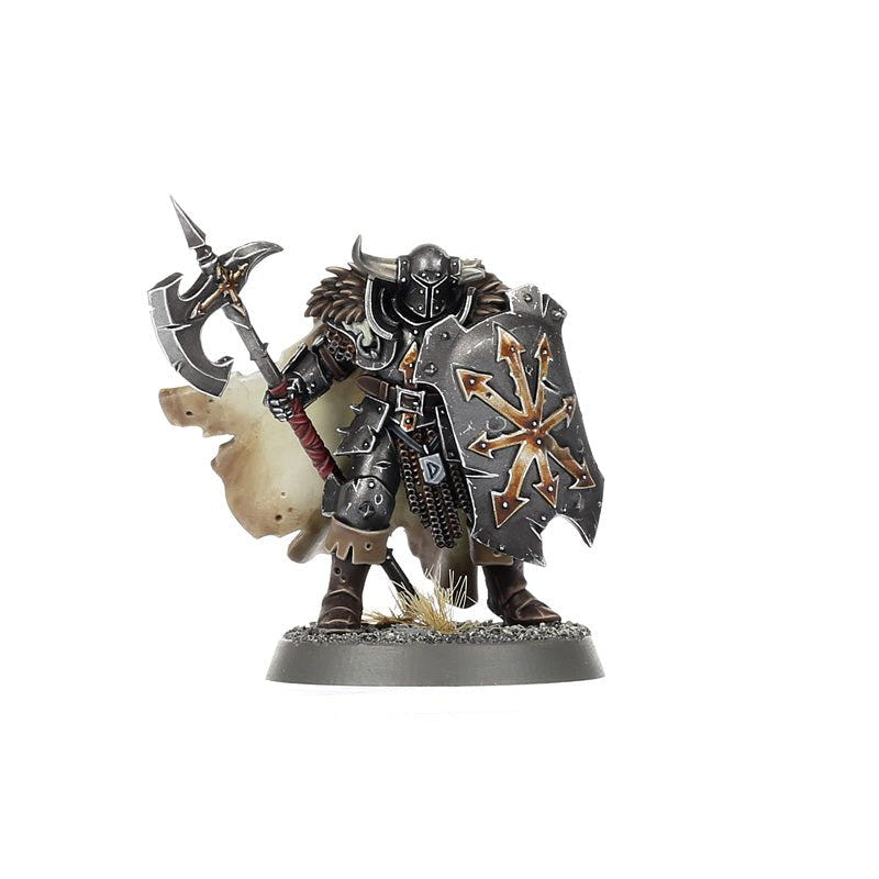 Painted Chaos Warrior with axe and Chaos star runeshield, fur cloak