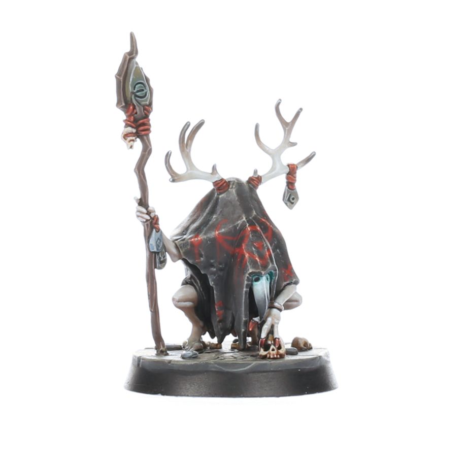 Painted Brand's Oathbound shaman Broken Nadja in a hooded cloak with antlers and staff