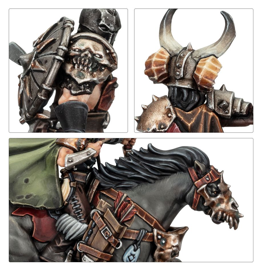 Brand's Oathbound close-ups of a skull-masked helm, horned helmet and horse tack