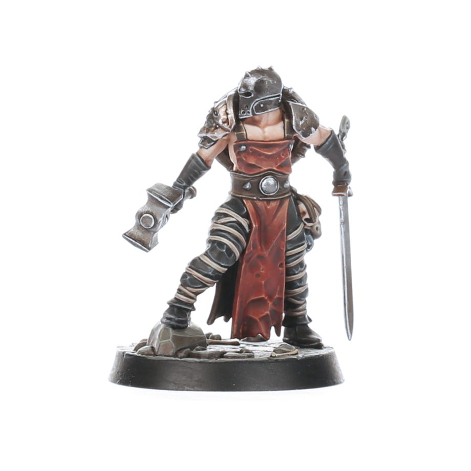 Painted Brand's Oathbound warrior in a full helm with hammer and sword