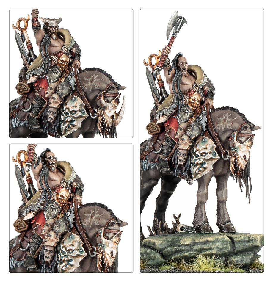Close-ups of the painted Darkoath Chieftain on Warsteed showing three alternative head options
