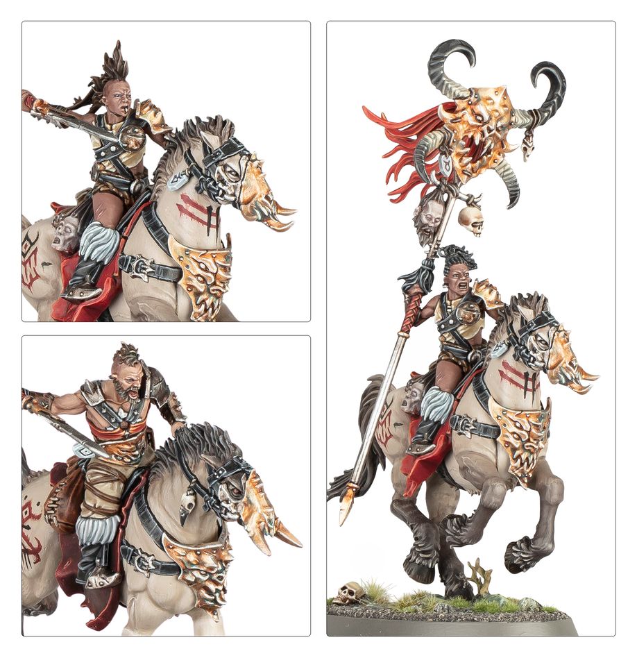 Close-ups of painted Darkoath Fellriders including the horned skull standard bearer