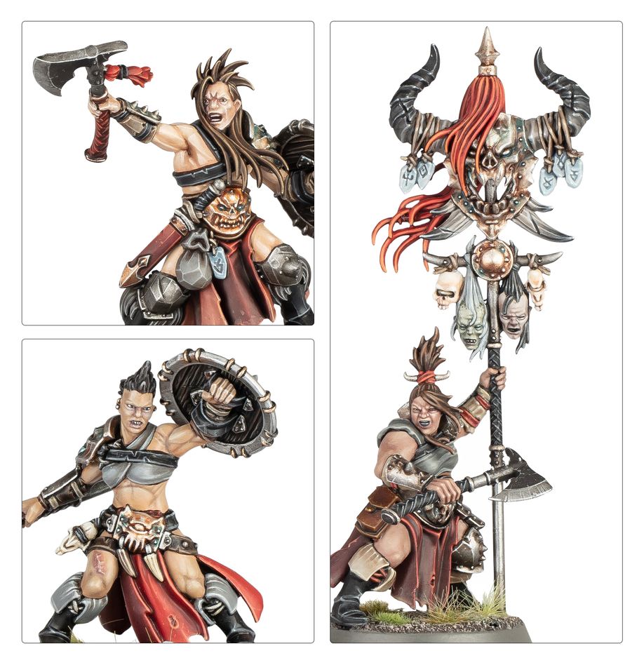 Close-ups of painted Darkoath Marauders including the horned skull icon standard