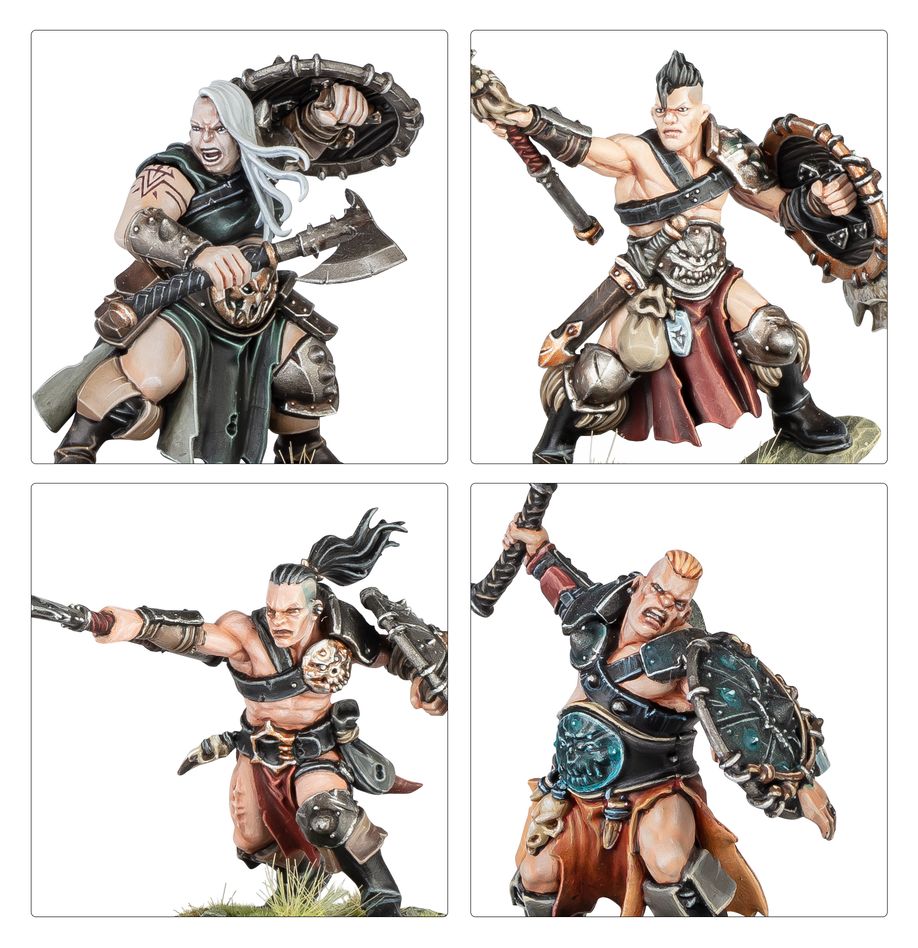 Close-ups of painted Darkoath Marauders swinging axes and flails with round shields