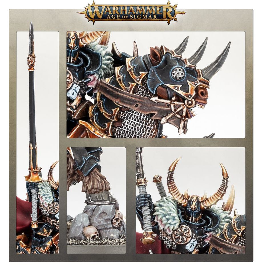 Close-ups of Eternus: horned helmet, armour detail and the mount's barding and weapons