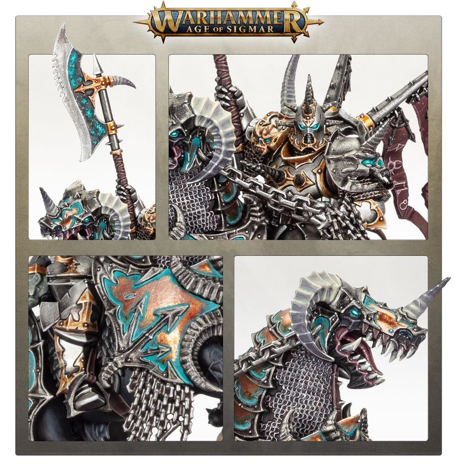 Close-ups of Eternus: deathglaive blade, chain mail armour and the snarling mount's head
