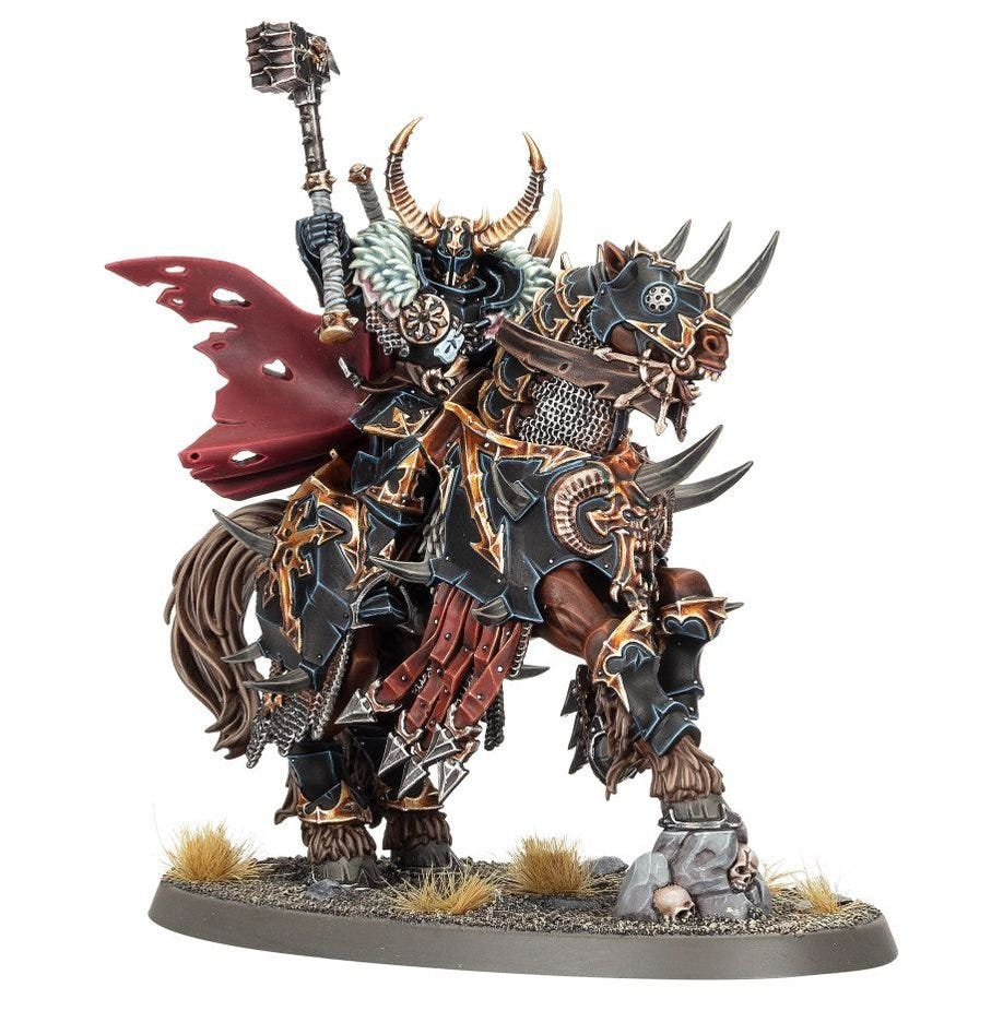 Painted Eternus on his daemonic mount Drakocephalus, side view with skull flail and red cloak