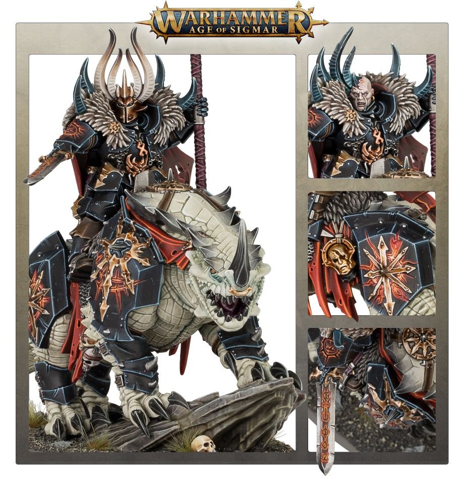 Close-ups of painted Chaos Lord on Karkadrak armour, shield and mount detail