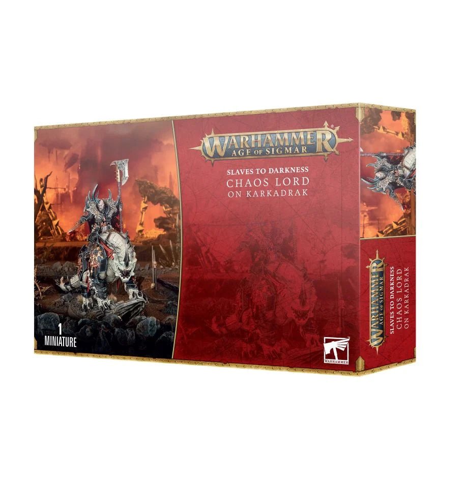 Games Workshop Slaves to Darkness Chaos Lord on Karkadrak box front, Age of Sigmar