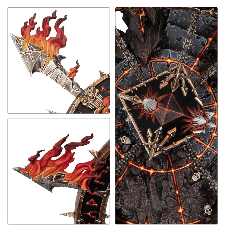 Nexus Chaotica close-ups of the flaming spikes and the rune-covered crucible