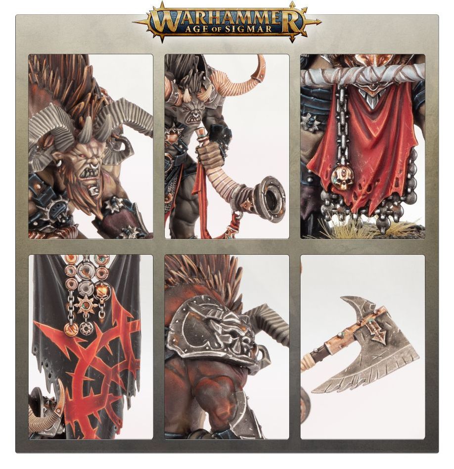Close-ups of painted Ogroid Theridon horns, faces, banner and axe blade