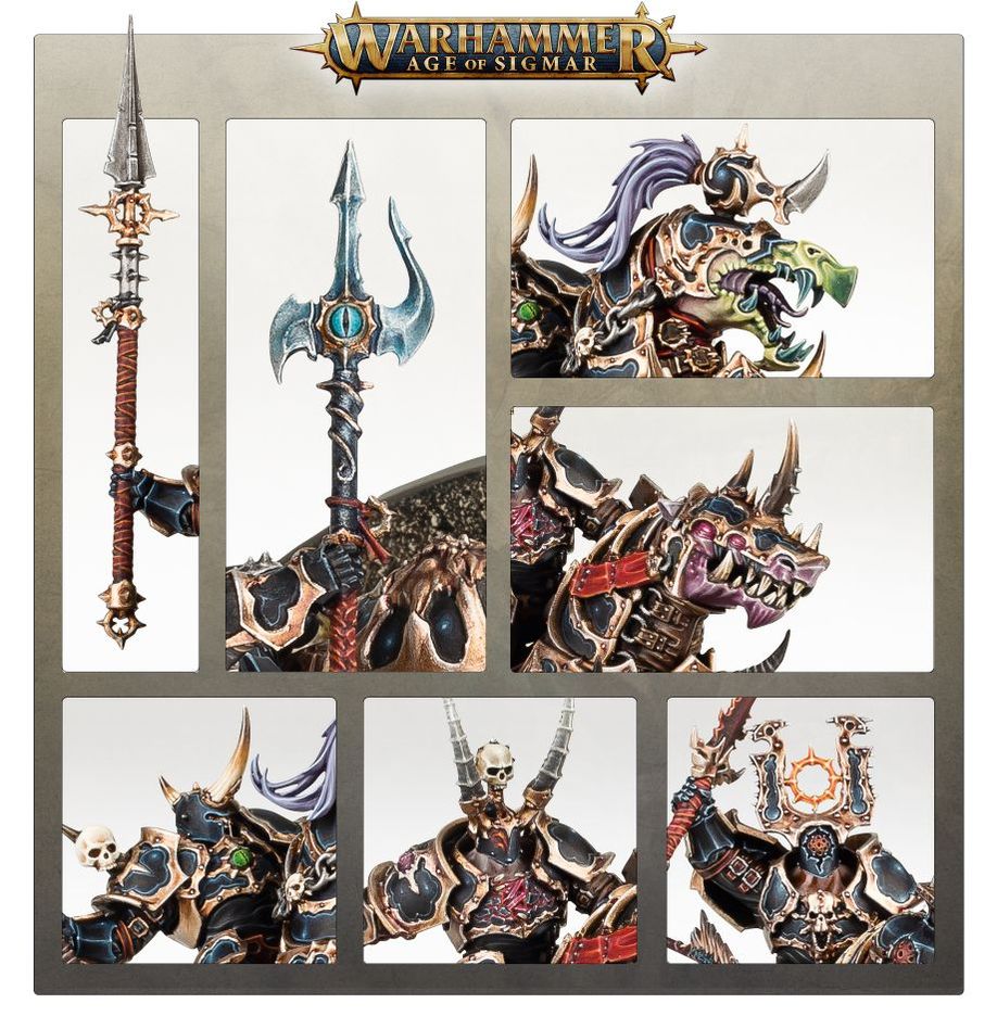 Close-ups of the painted Varanguard weapons, steed heads and armoured riders