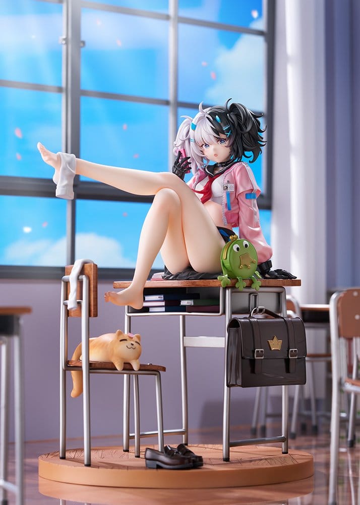 Snowbreak Eatchel 1/7 scale figure on a school desk with cat and frog in a classroom scene