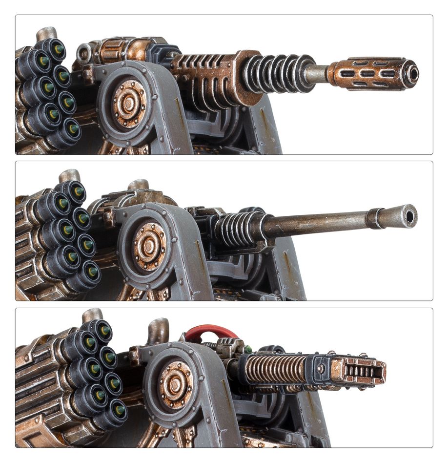 Aethon Heavy Sentinel weapon options shown side by side on the painted walker