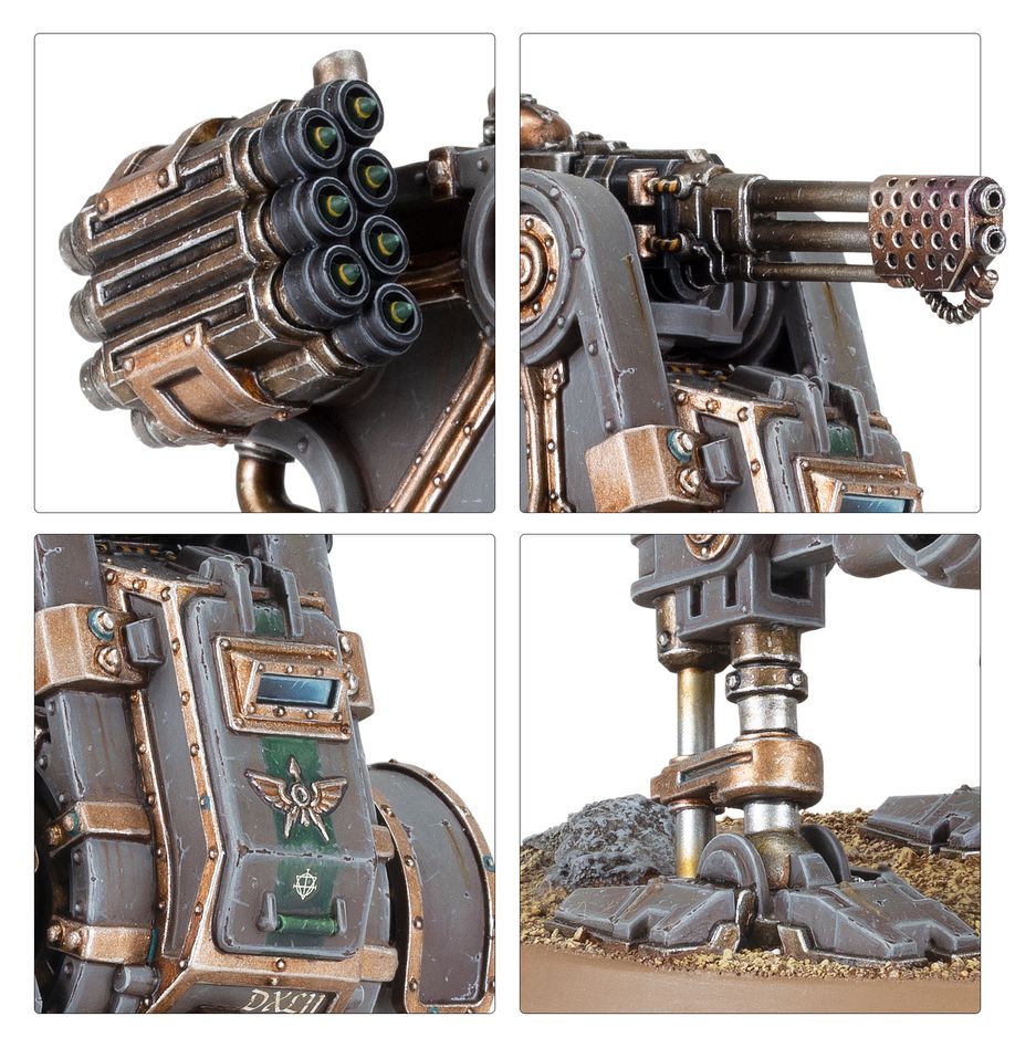 Close-ups of the Aethon Heavy Sentinel missile pod, rotary cannon, cockpit and leg detail