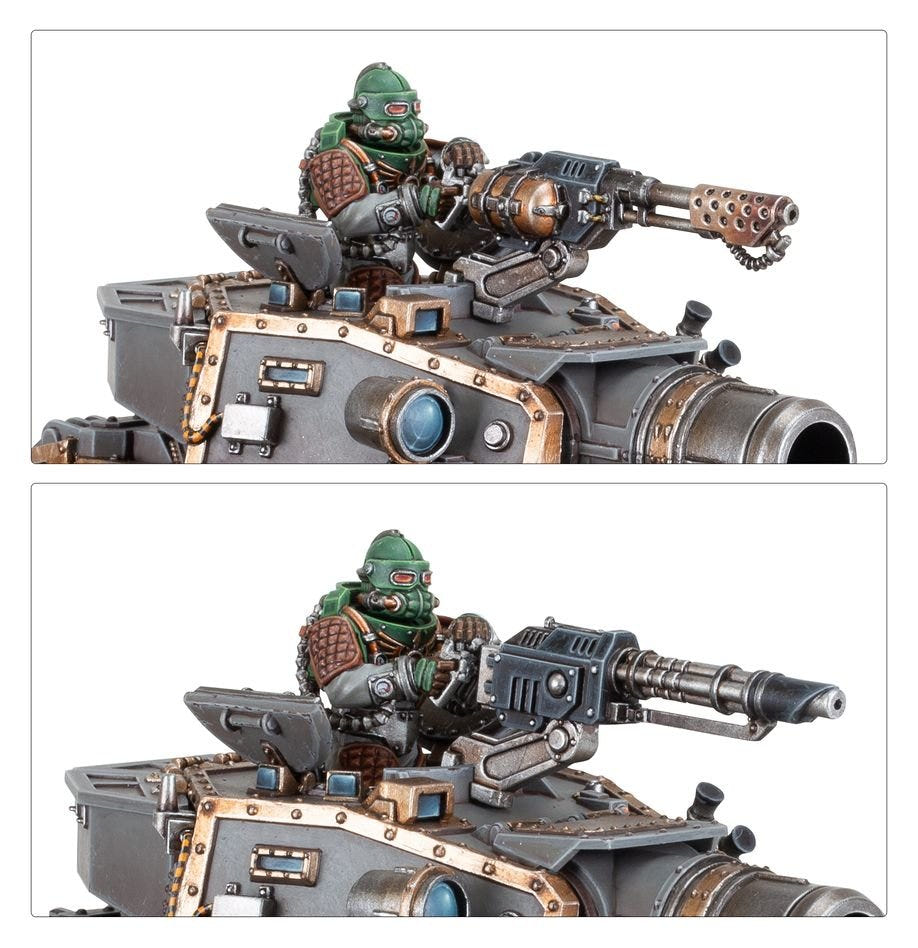 Close-ups of the Leman Russ Assault Tank hatch gunner with pintle weapon options