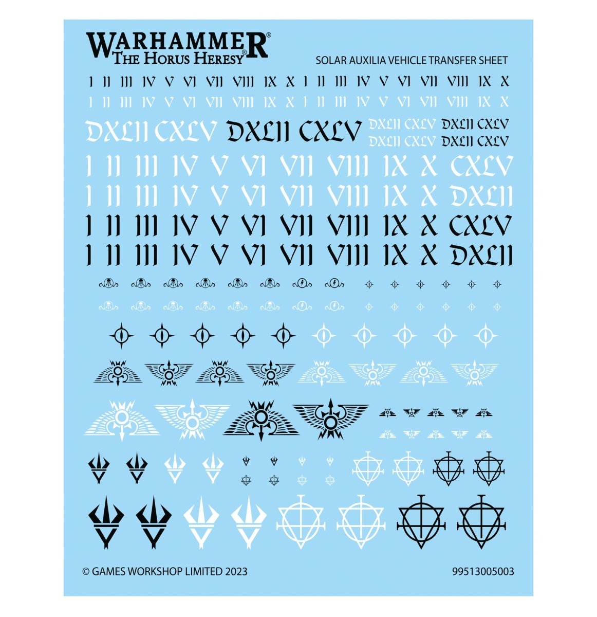 Solar Auxilia vehicle transfer sheet with numerals and Imperial icons for the Malcador Infernus