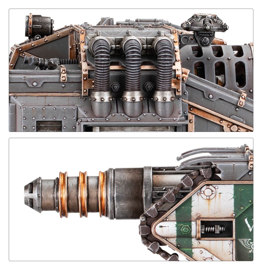 Close-ups of the Valdor Tank Destroyer power coils and the main gun muzzle over the tracks