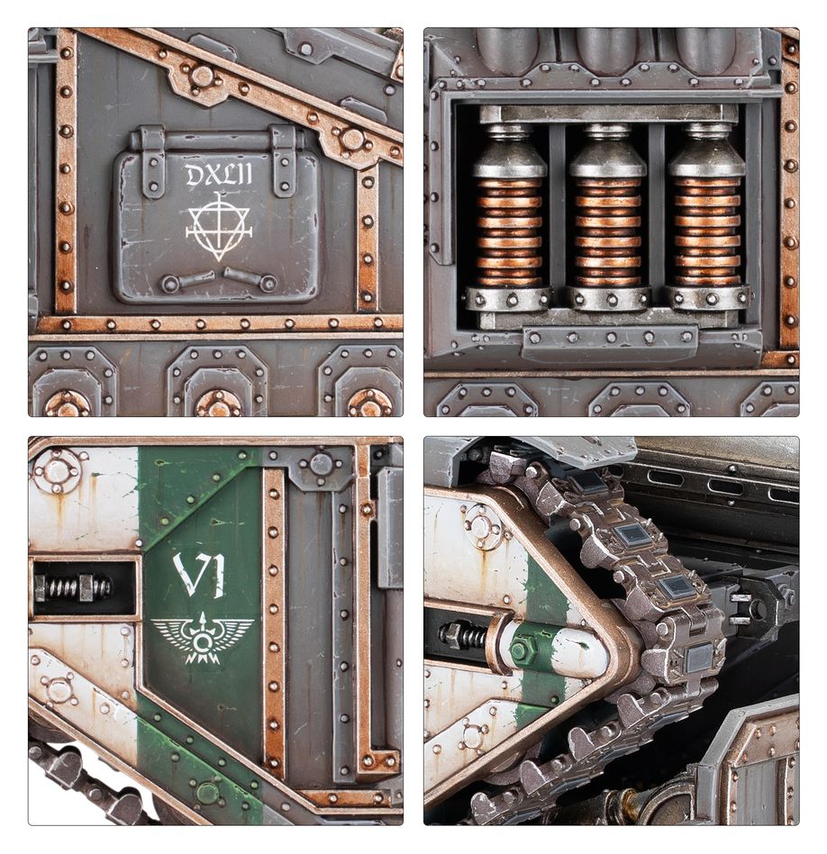 Close-ups of the Valdor hull hatch, power cells, VI legion panel and track guard