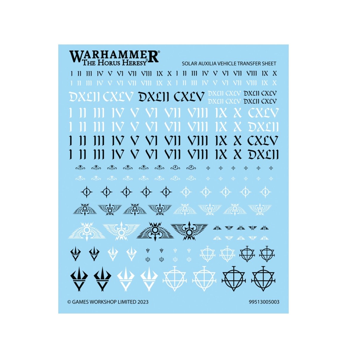 Solar Auxilia vehicle transfer sheet with Roman numerals, unit codes and Imperial icons