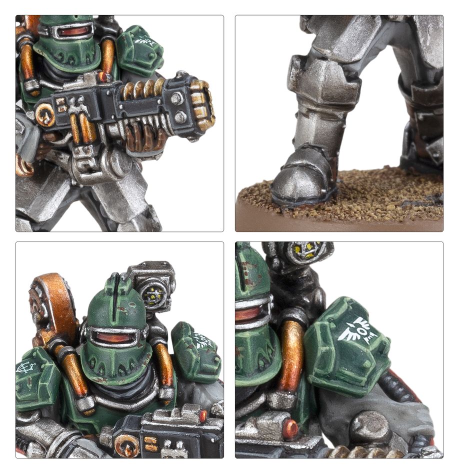 Close-ups of a painted Veletaris Storm Section trooper: weapon, legs, helmet and shoulder pad