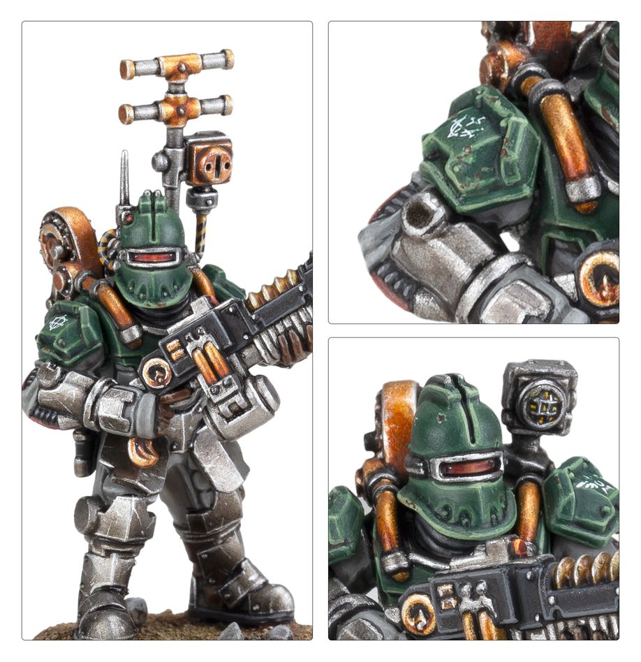 Close-ups of a painted Solar Auxilia Veletaris with antenna backpack and green helmet