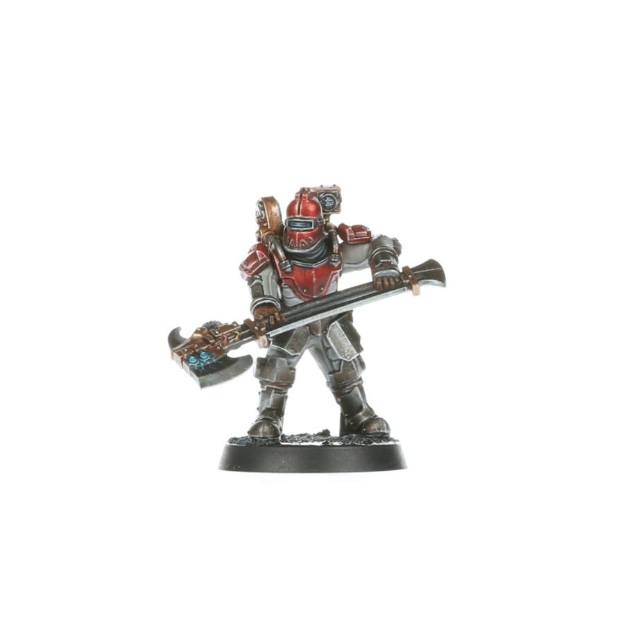 Painted Solar Auxilia Veletaris in red-trimmed armour wielding a long power axe